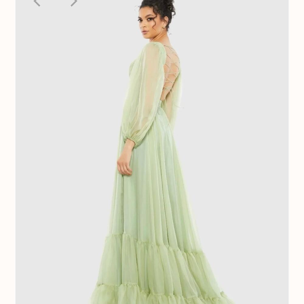 Mac Duggal Lace Up Chiffon Ruffle Tiered Goddess Gown green size 2 CL1 - Picture 3 of 7